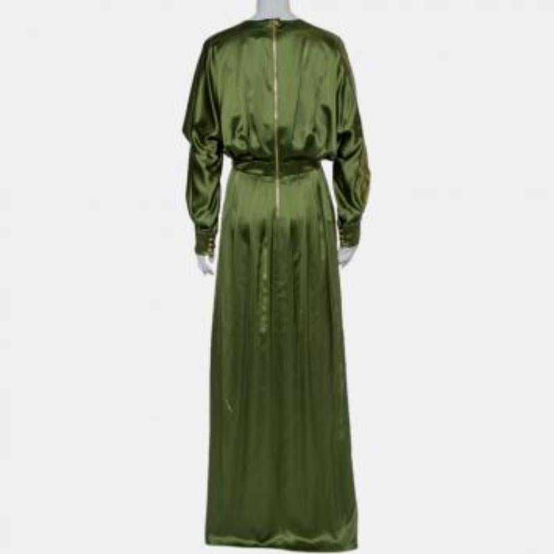 Balmain Green Silk Satin Pleated Front Slit Detail Maxi Dress S For Sale 5