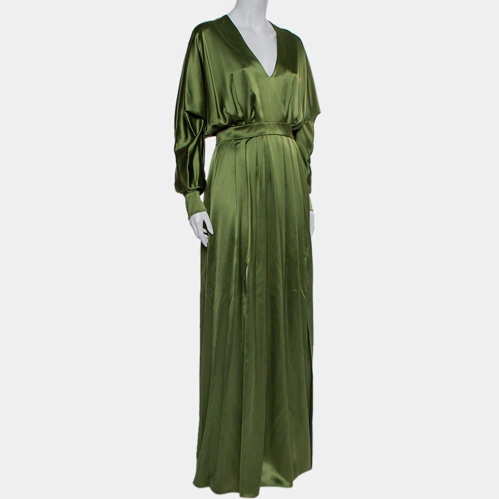 Black Balmain Green Silk Satin Pleated Front Slit Detail Maxi Dress S For Sale
