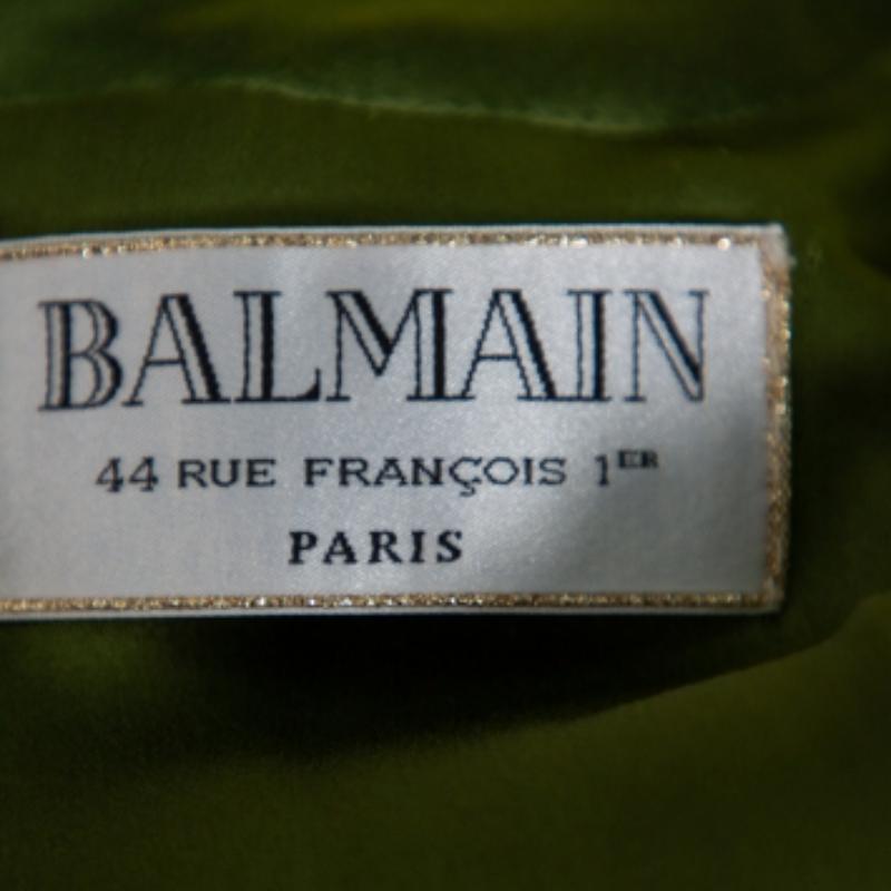 Women's Balmain Green Silk Satin Pleated Front Slit Detail Maxi Dress S For Sale