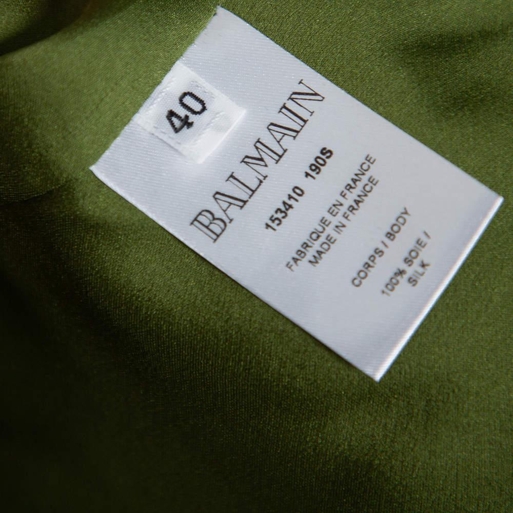 Women's Balmain Green Silk Satin Pleated Front Slit Detail Maxi Dress S For Sale