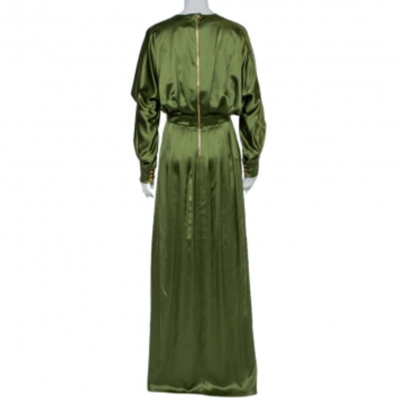 Balmain Green Silk Satin Pleated Front Slit Detail Maxi Dress S For Sale 1