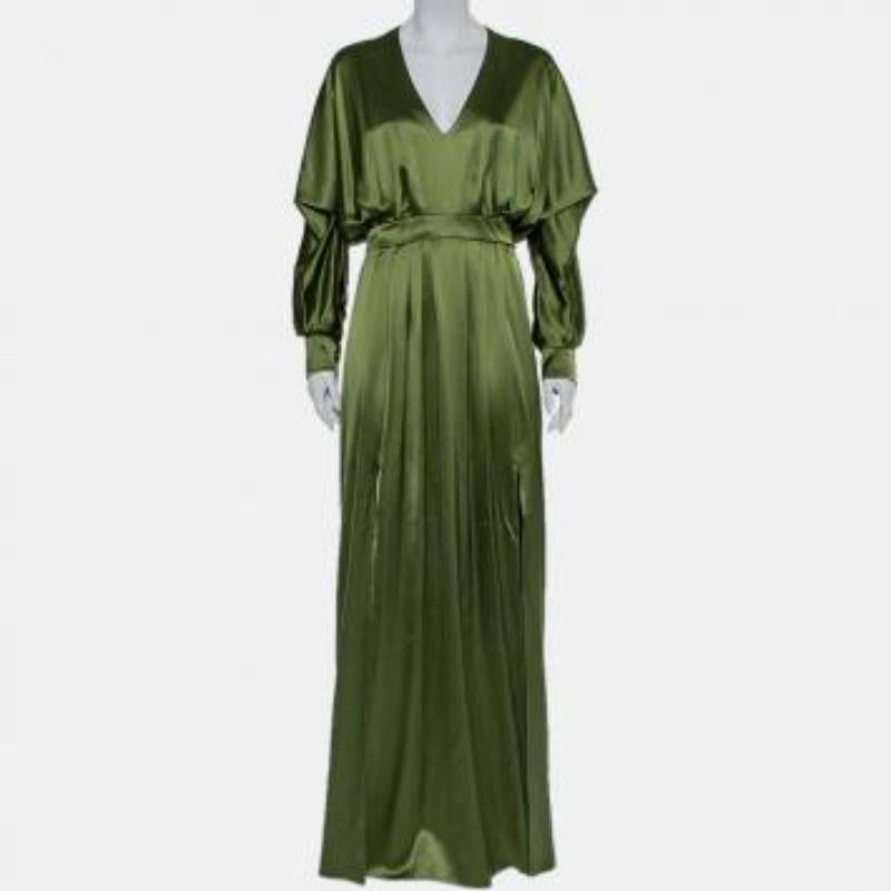 Balmain Green Silk Satin Pleated Front Slit Detail Maxi Dress S For Sale 2