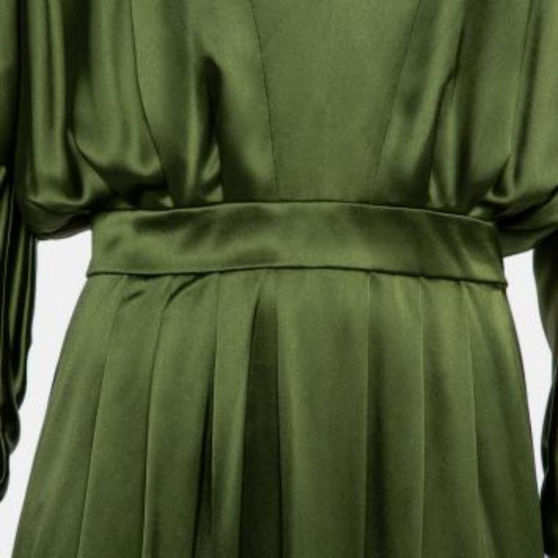 Balmain Green Silk Satin Pleated Front Slit Detail Maxi Dress S For Sale 3