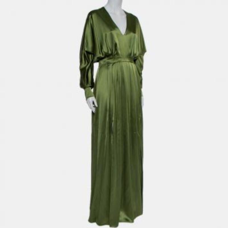 Balmain Green Silk Satin Pleated Front Slit Detail Maxi Dress S For Sale 4