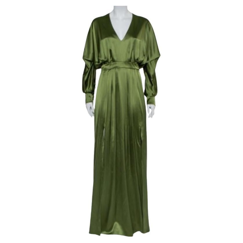 Balmain Green Silk Satin Pleated Front Slit Detail Maxi Dress S For Sale