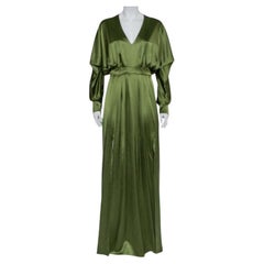 Balmain Green Silk Satin Pleated Front Slit Detail Maxi Dress S