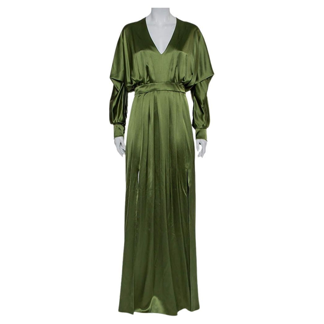 Balmain Green Silk Satin Pleated Front Slit Detail Maxi Dress S For Sale