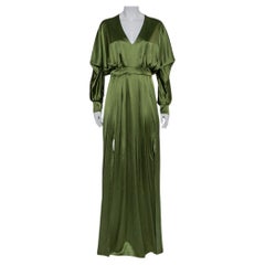 Balmain - Robe longue en satin de soie verte plissée et fendue sur le devant - S