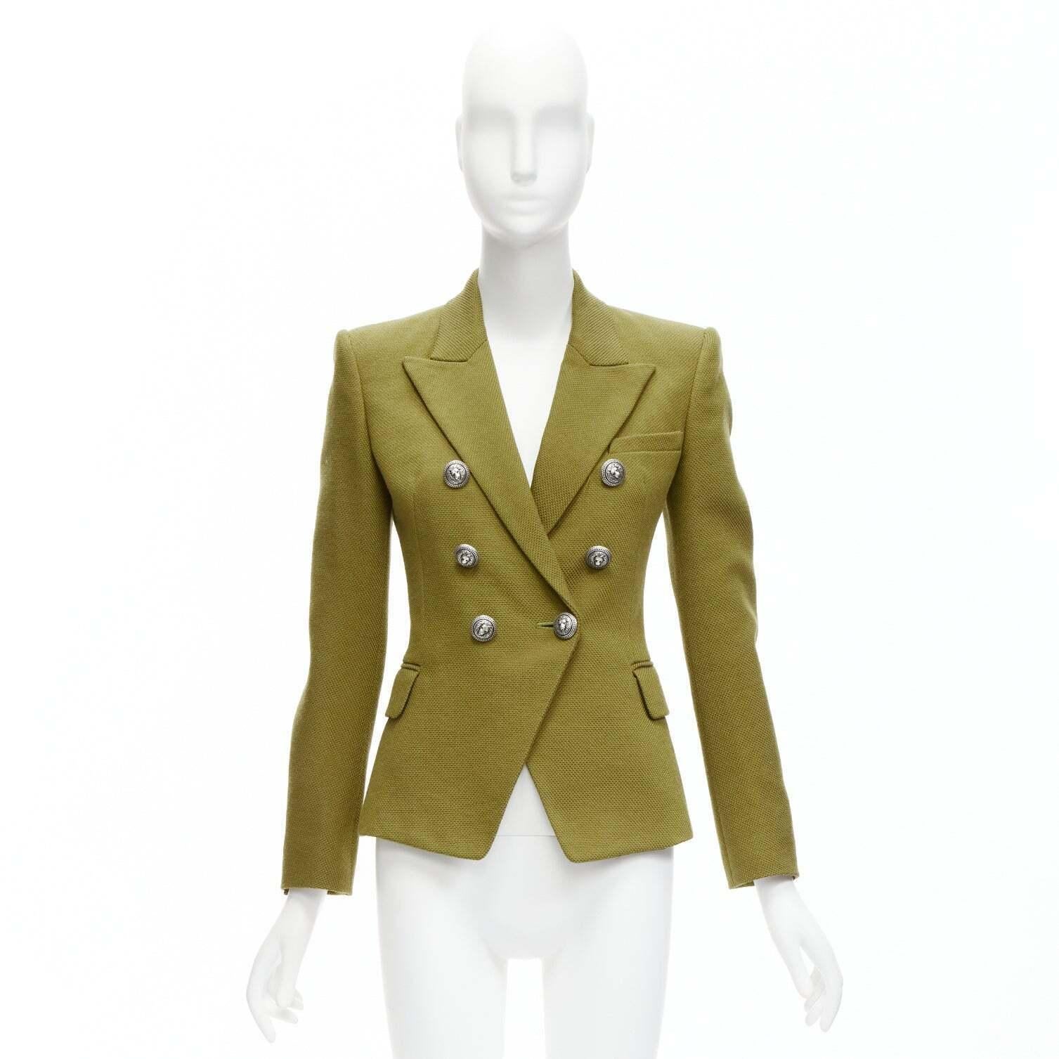 BALMAIN green silver lion button double breasted military blazer jacket FR36 S For Sale 5