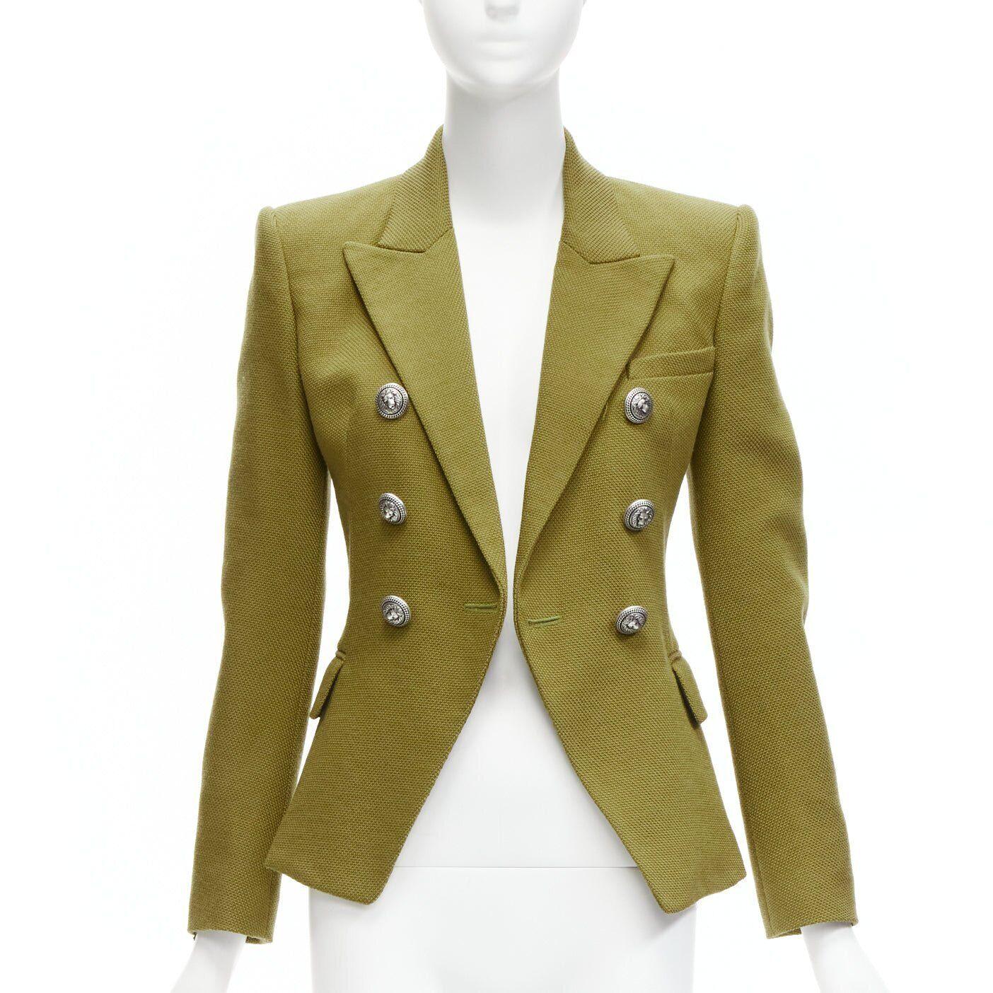 Brown BALMAIN green silver lion button double breasted military blazer jacket FR36 S For Sale