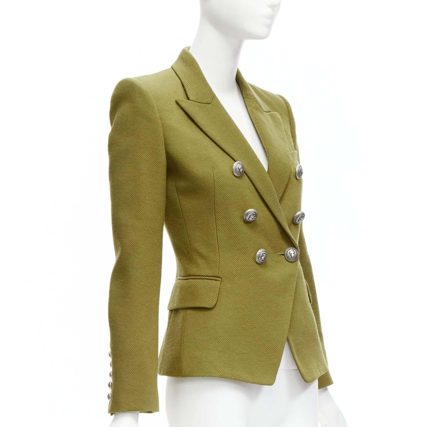 BALMAIN green silver lion button double breasted military blazer jacket FR36 S In Excellent Condition For Sale In Hong Kong, NT