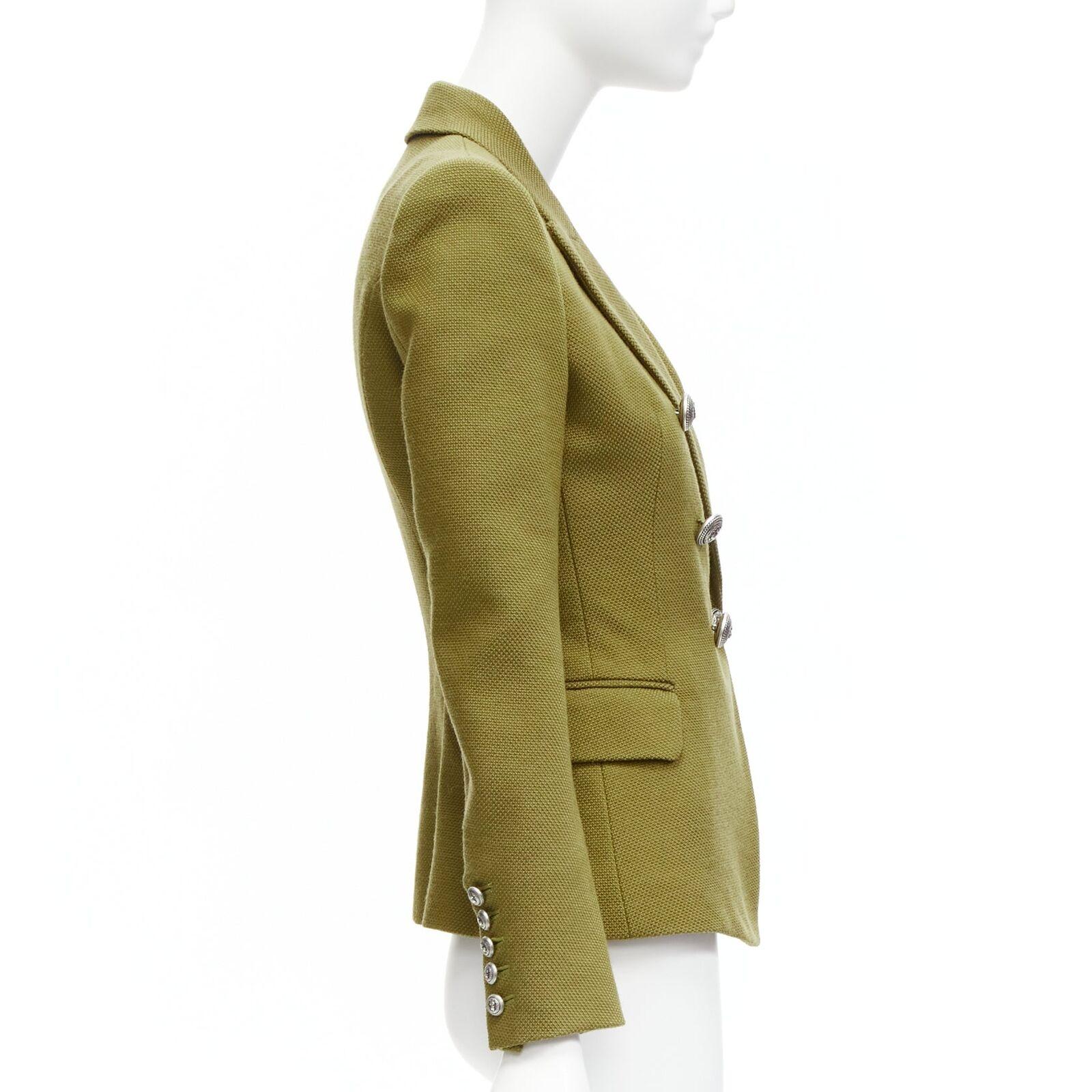 Women's BALMAIN green silver lion button double breasted military blazer jacket FR36 S For Sale