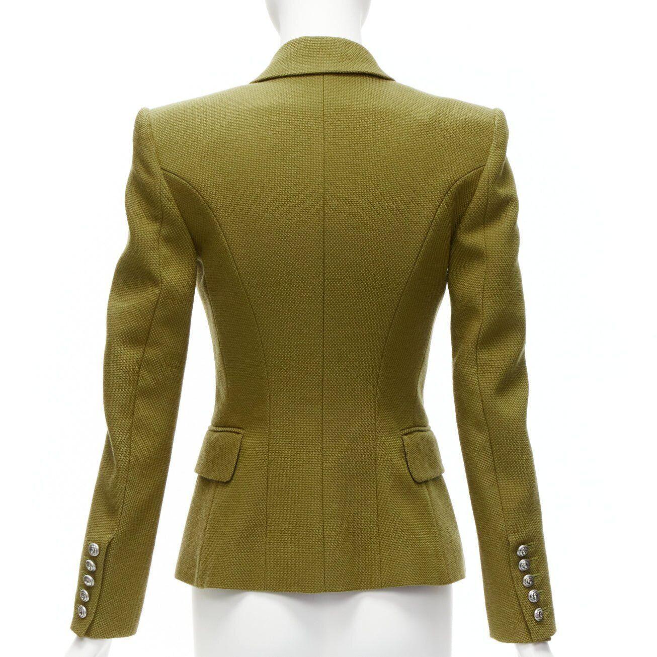 BALMAIN green silver lion button double breasted military blazer jacket FR36 S For Sale 1