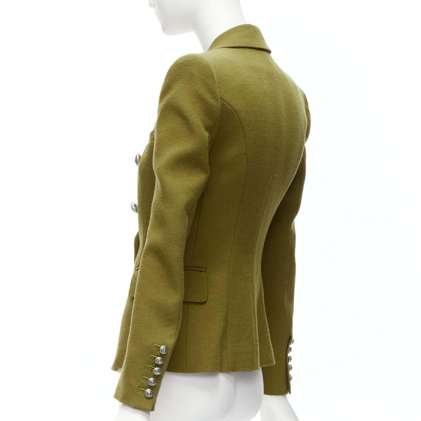 BALMAIN green silver lion button double breasted military blazer jacket FR36 S For Sale 2