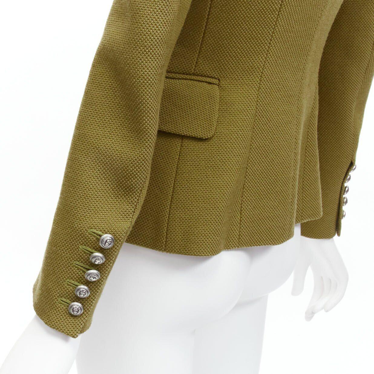 BALMAIN green silver lion button double breasted military blazer jacket FR36 S For Sale 3
