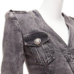 BALMAIN grey acid washed denim button embellished wrapped mini dress FR34 XS