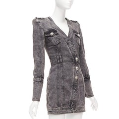 BALMAIN grey acid washed denim button embellished wrapped mini dress FR34 XS
