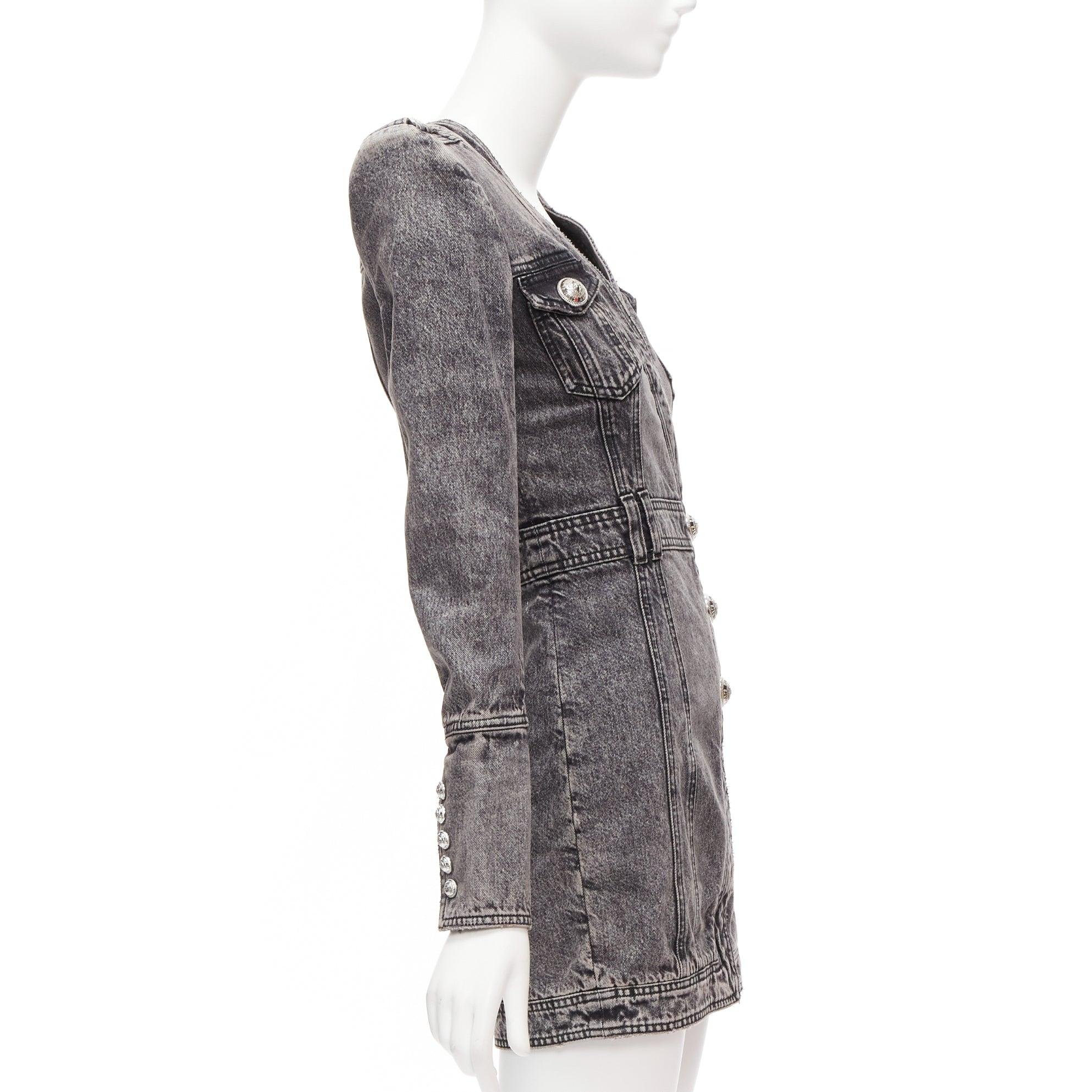 BALMAIN grey acid washed denim button embellished wrapped mini dress FR34 XS In Excellent Condition For Sale In Hong Kong, NT