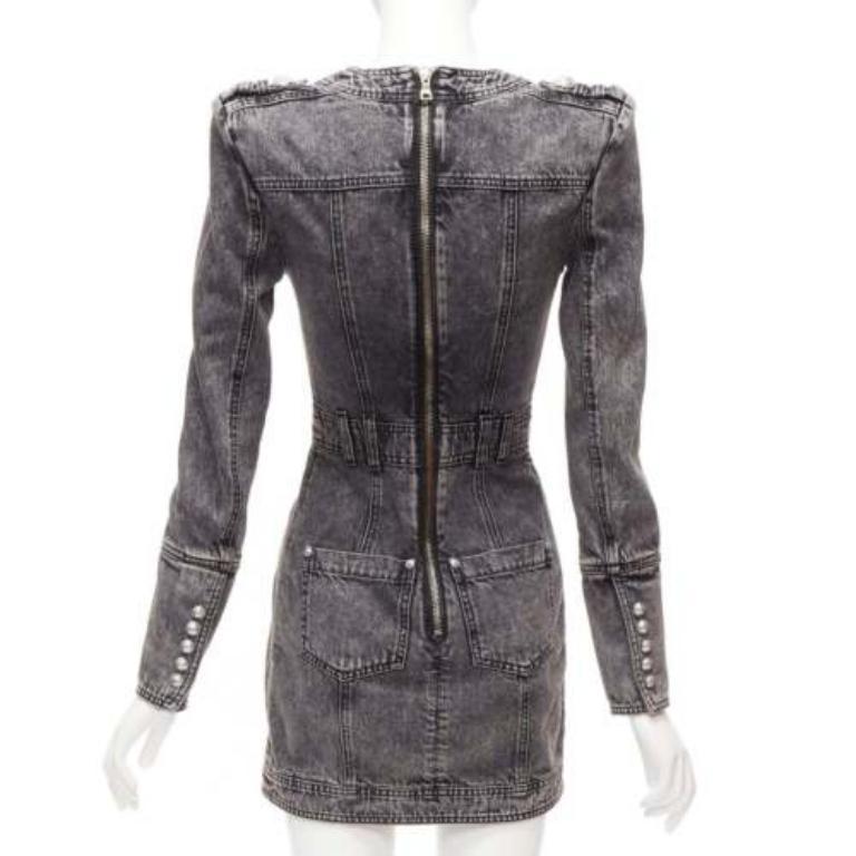 Women's BALMAIN grey acid washed denim button embellished wrapped mini dress FR34 XS For Sale