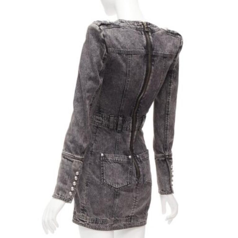 BALMAIN grey acid washed denim button embellished wrapped mini dress FR34 XS For Sale 1