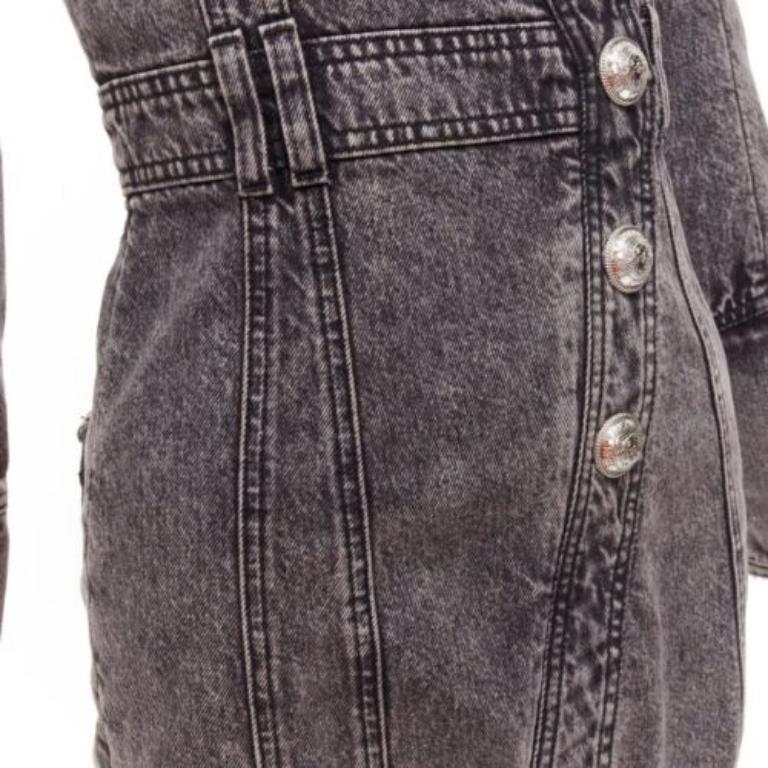 BALMAIN grey acid washed denim button embellished wrapped mini dress FR34 XS For Sale 2