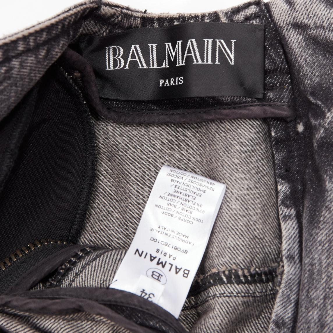 BALMAIN grey acid washed denim button embellished wrapped mini dress FR34 XS For Sale 4