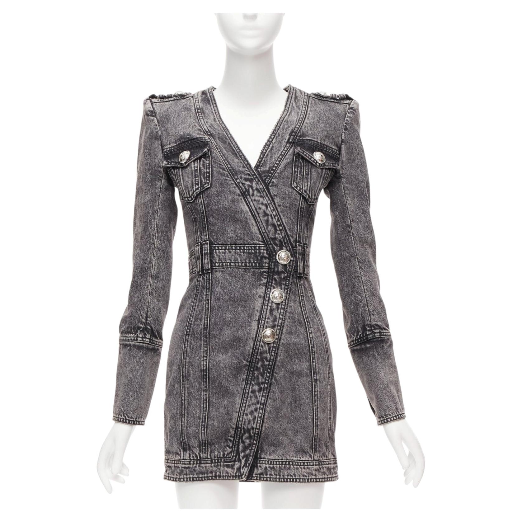 Pre-owned Balmain Grey Acid Washed Denim Button Embellished Wrapped Mini Dress Fr34 Xs In Gray