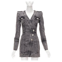 BALMAIN grey acid washed denim button embellished wrapped mini dress FR34 XS