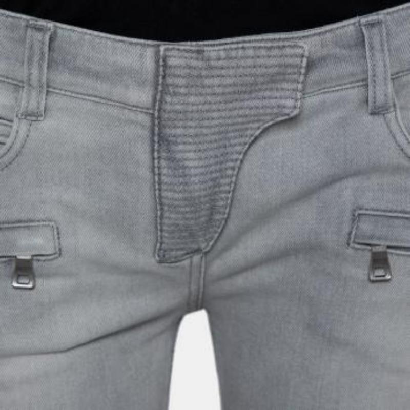 Balmain Grey Denim Biker Jeans M For Sale 5