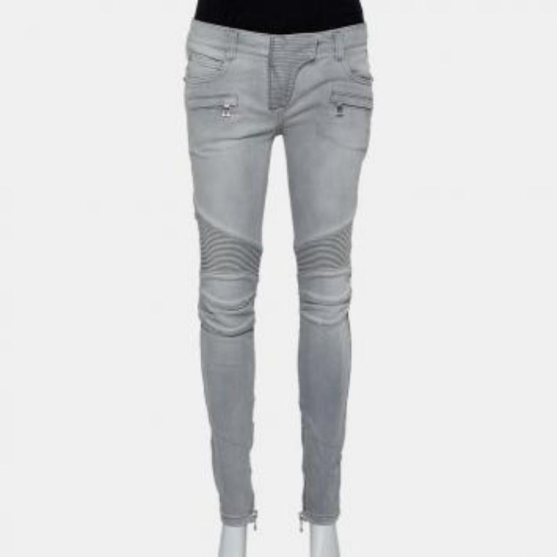 Balmain Grey Denim Biker Jeans M In Excellent Condition For Sale In Dubai, Al Qouz 2