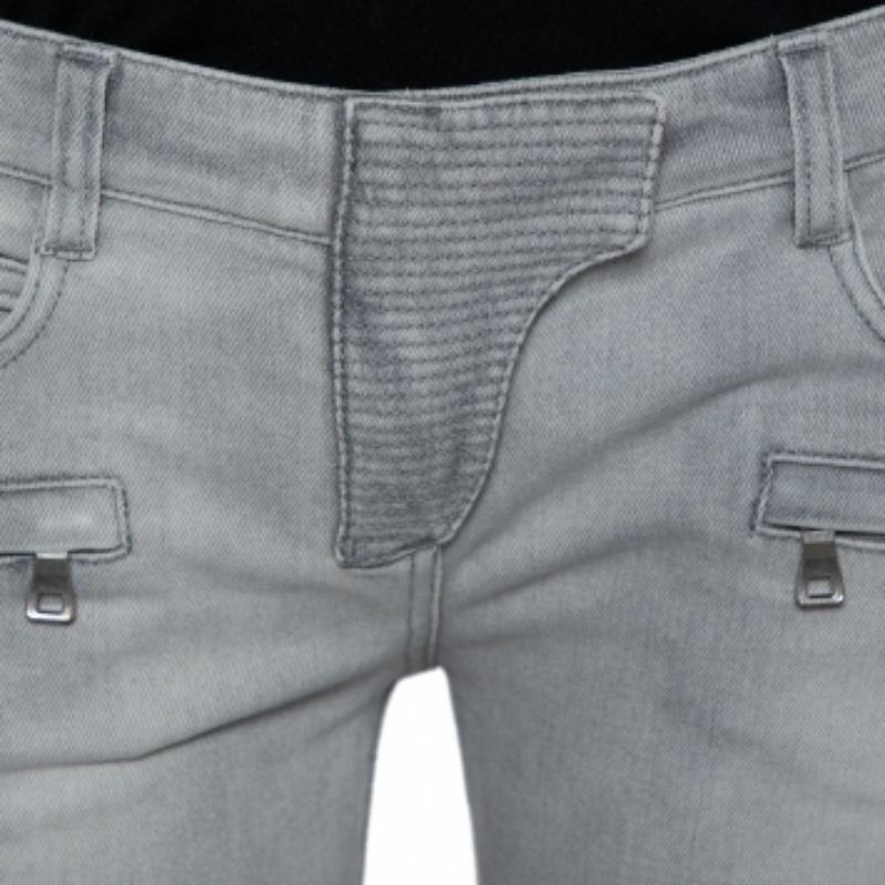 Women's Balmain Grey Denim Biker Jeans M For Sale