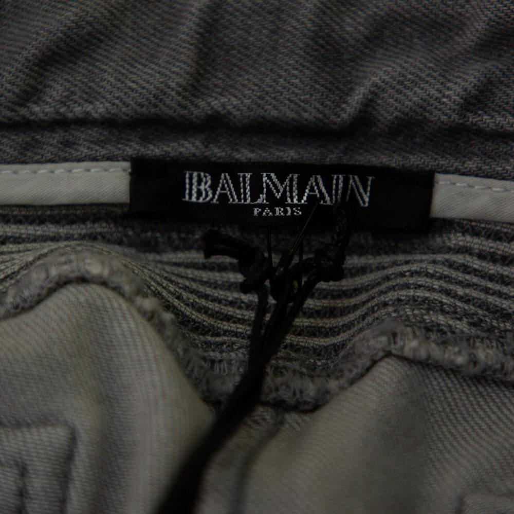 Balmain Grey Denim Biker Jeans M In Excellent Condition For Sale In Dubai, Al Qouz 2