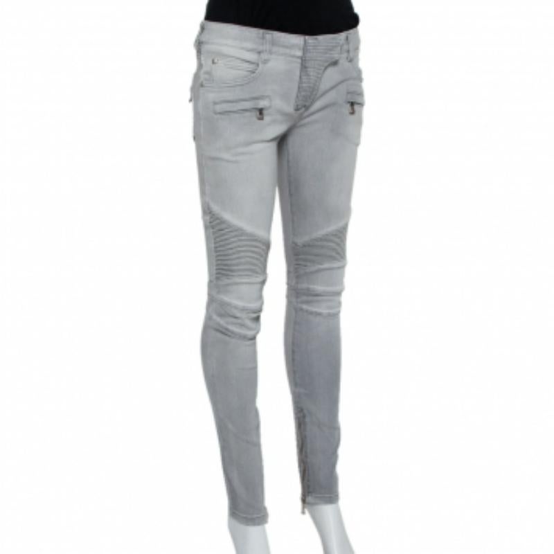 Balmain Grey Denim Biker Jeans M For Sale 1
