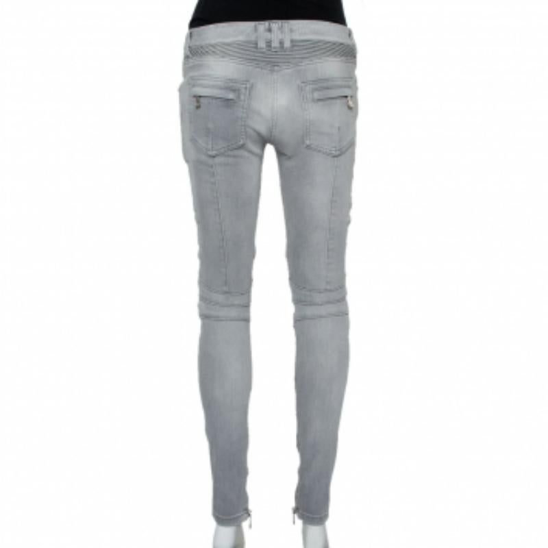 Balmain Grey Denim Biker Jeans M For Sale 2