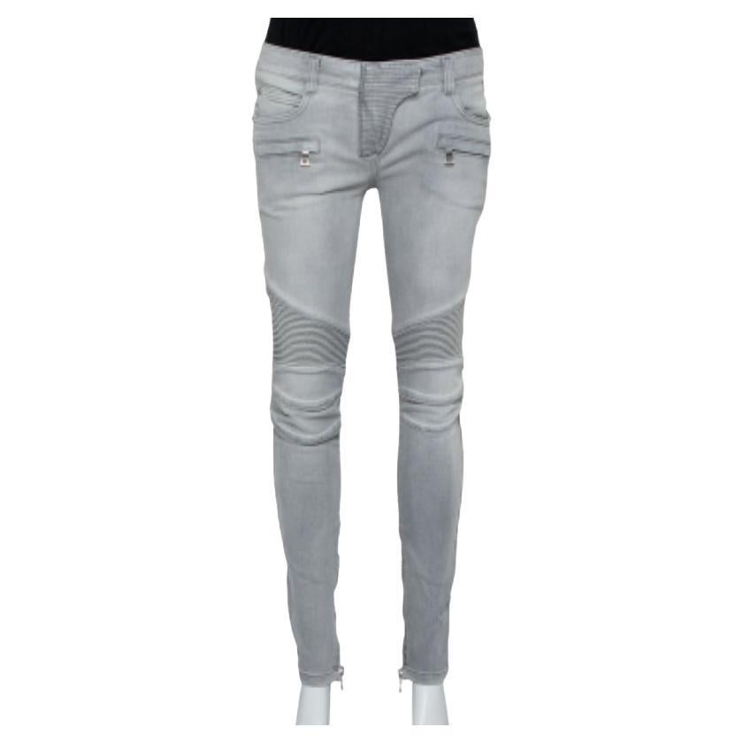 Balmain Grey Denim Biker Jeans M For Sale