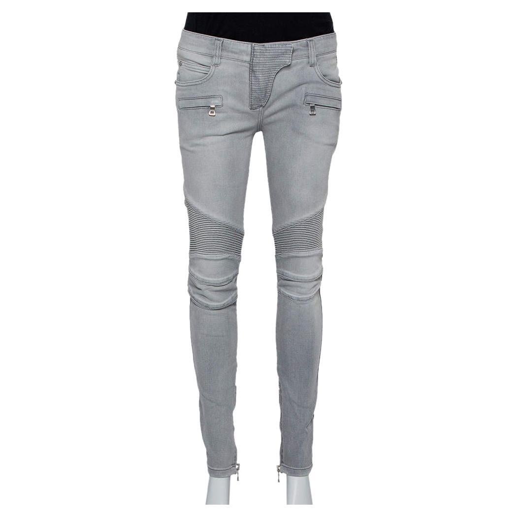 Balmain Grey Denim Biker Jeans M For Sale