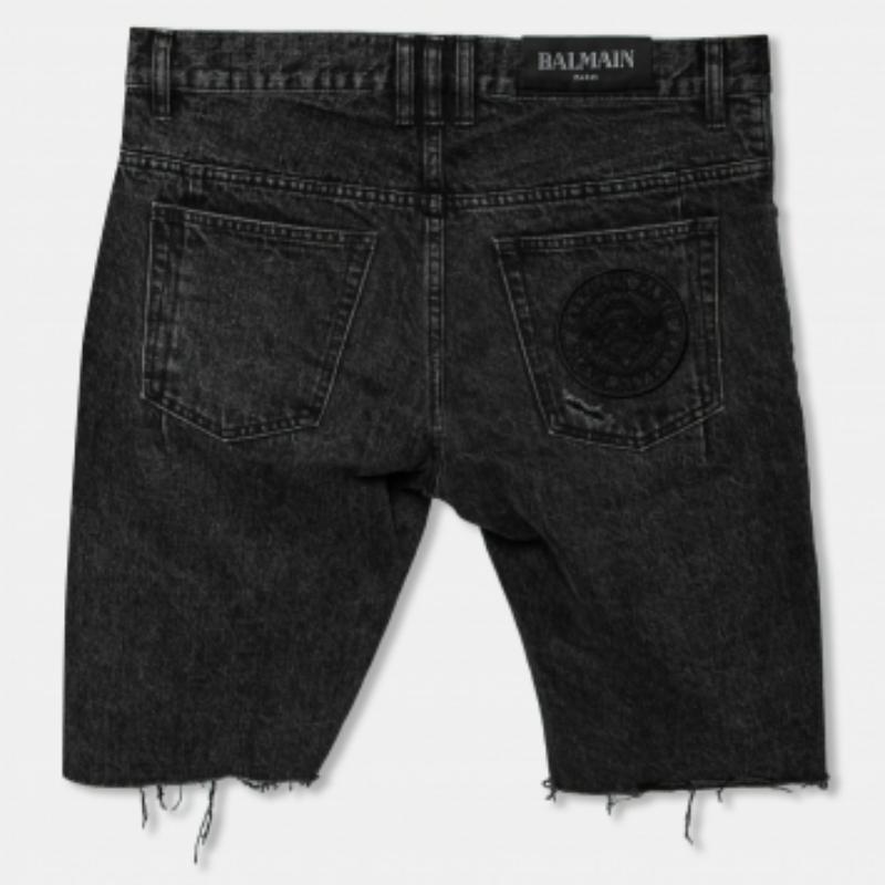 Black Balmain Grey Distressed Denim Logo Embroidered Shorts M For Sale