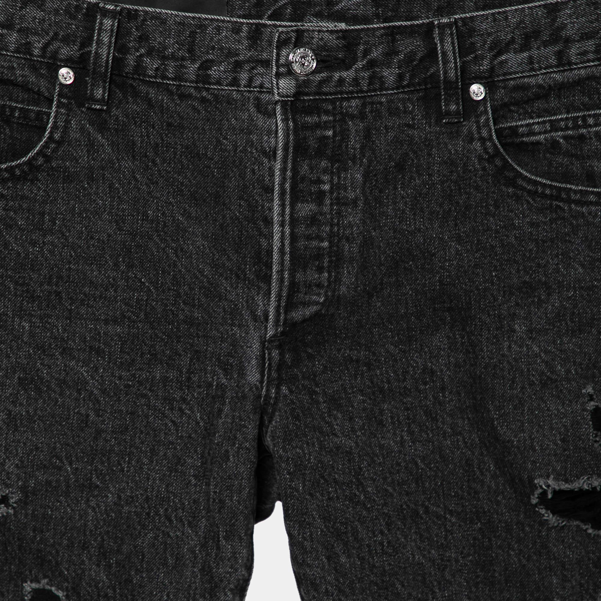 Black Balmain Grey Distressed Denim Logo Embroidered Shorts M For Sale