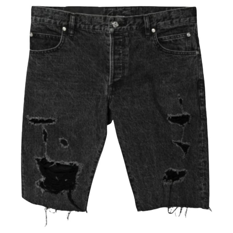 Balmain Grey Distressed Denim Logo Embroidered Shorts M For Sale