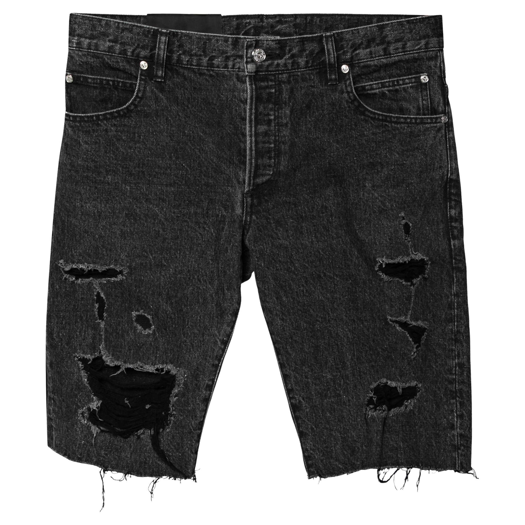 Balmain Grey Distressed Denim Logo Embroidered Shorts M For Sale