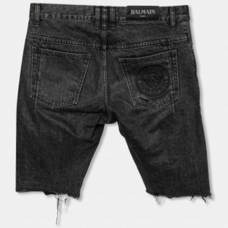 Black Balmain Grey Distressed Denim Shorts M For Sale