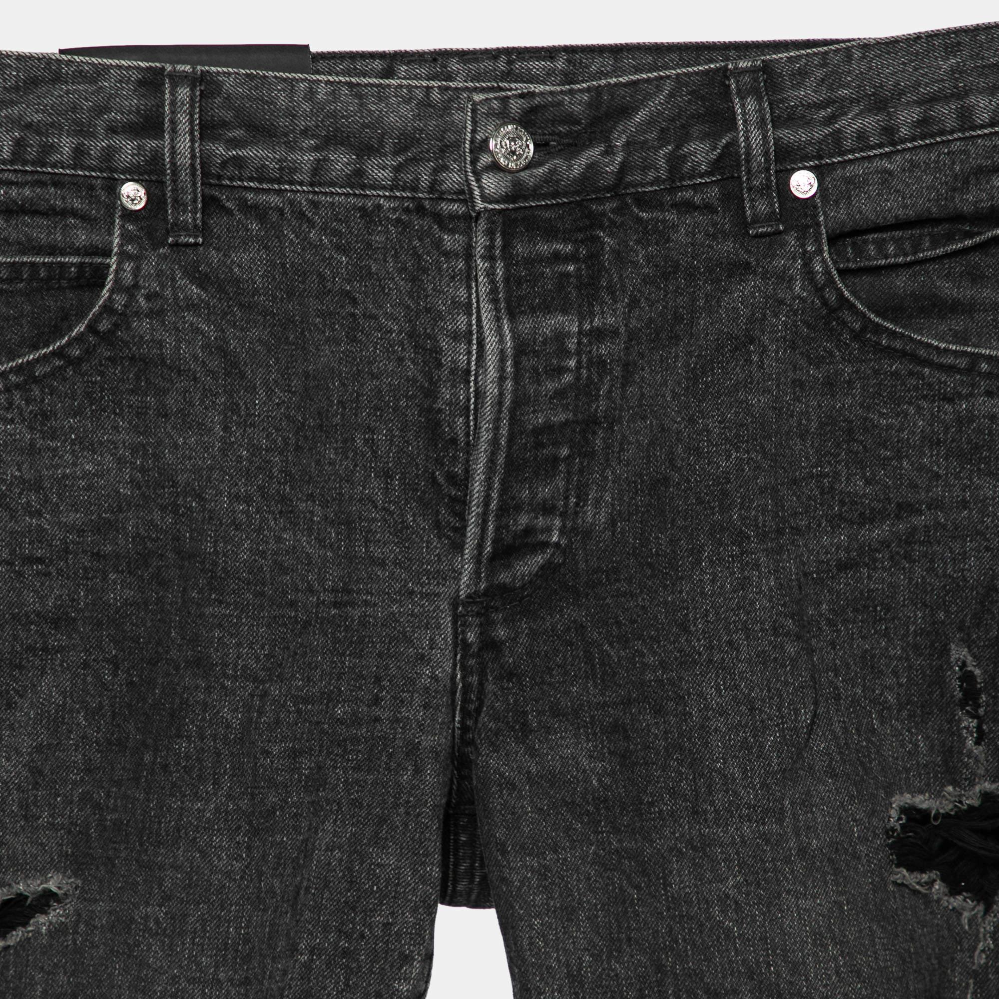 Black Balmain Grey Distressed Denim Shorts M For Sale