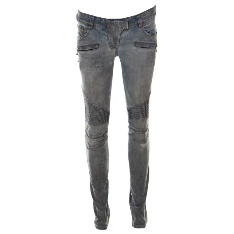 Balmain Grey Washed Denim Pintucked Panel Zip Detail Skinny Jeans S For Sale