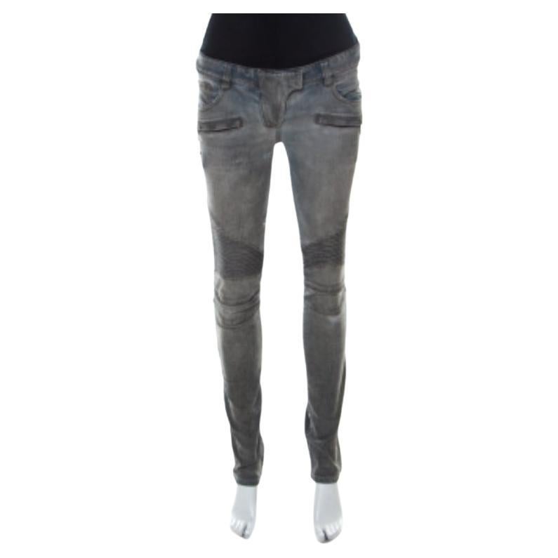 Balmain Grey Washed Denim Pintucked Panel Zip Detail Skinny Jeans S en vente
