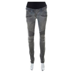 Balmain Grey Washed Denim Pintucked Panel Zip Detail Skinny Jeans S
