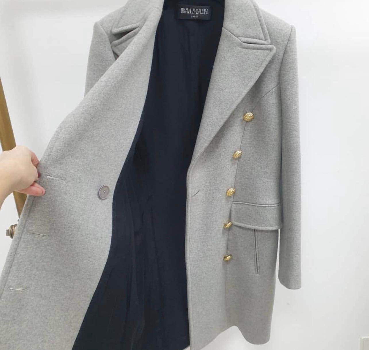 Women's Balmain Grey Wool Cashmere Gold Button Double Breasted Overcoat