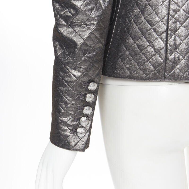 BALMAIN gunmetal silver quilted military double breasted blazer jacket FR36 6