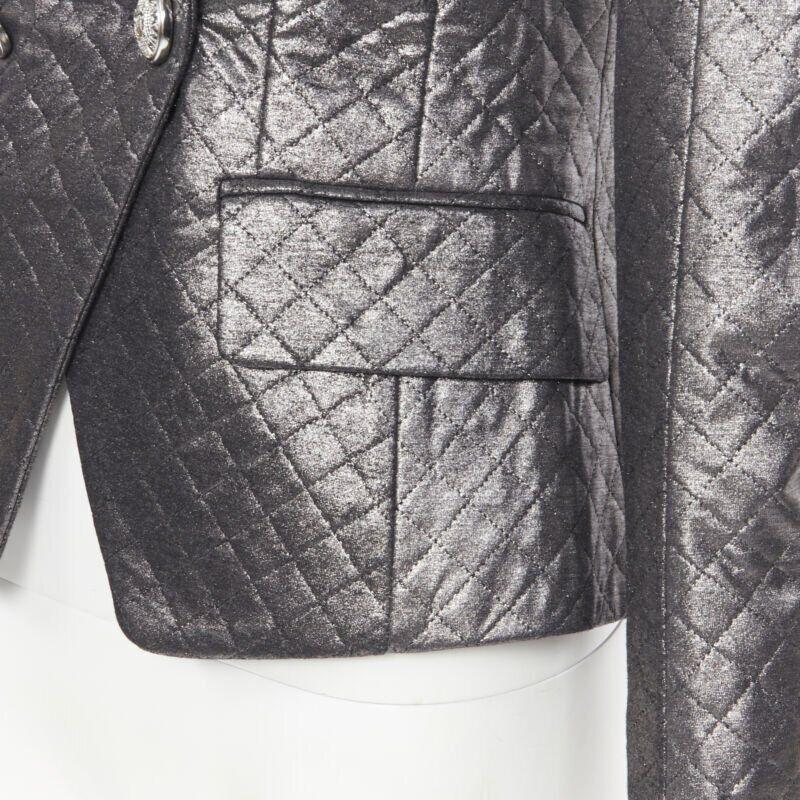 BALMAIN gunmetal silver quilted military double breasted blazer jacket FR36 7