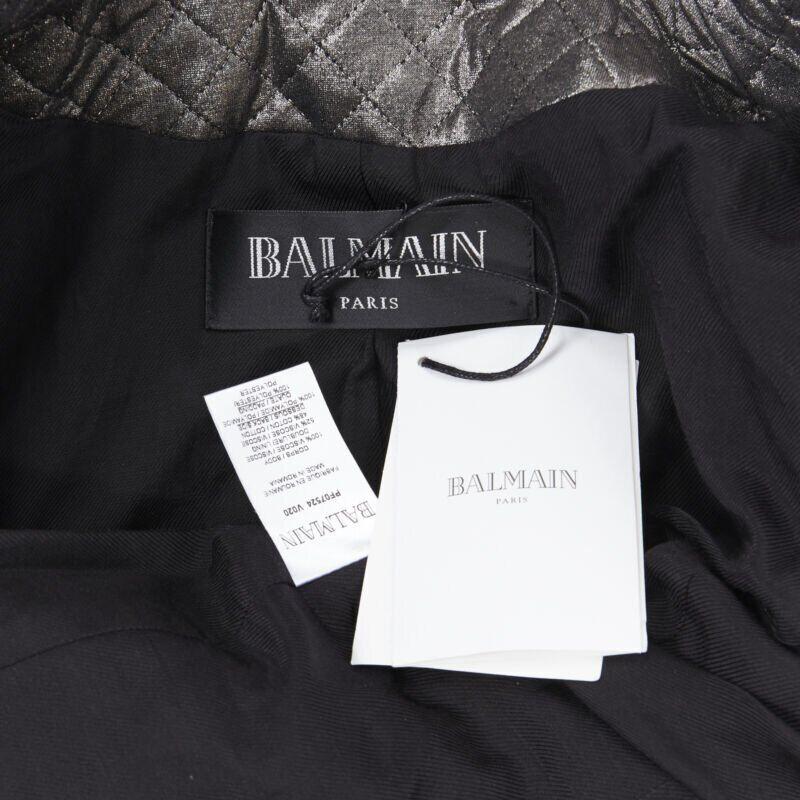 BALMAIN gunmetal silver quilted military double breasted blazer jacket FR36 8