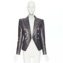 BALMAIN gunmetal silver quilted military double breasted blazer jacket FR36